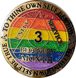 1 2 3 4 5 6 7 8 9 10 11 or 18 Month AA Medallion Reflex Rainbow Glitter Sobriety Chip