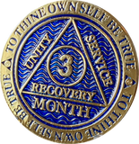 1 - 11 or 18 Month AA Medallion Reflex Dusty Blue Gold Plated Sobriety Chip Coin