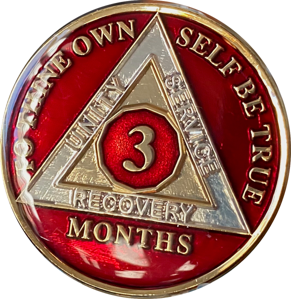 1 2 3 4 5 6 7 8 9 10 11 or 18 Month AA Medallion Metallic Mandarin Red Tri-Plate Sobriety Chip