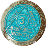 1 2 3 6 9 or 18 Month AA Medallion Reflex Aqua Glitter Gold Plated Sobriety Chip