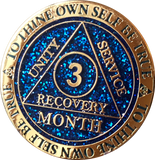 1 - 11 or 18 Month AA Medallion Reflex Blue Glitter Gold Plated Sobriety Chip - RecoveryChip