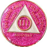 AA Medallion Pink Glitter Tri-Plate Sobriety Chip Year 1 - 45 - RecoveryChip