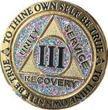 1 2 3 4 5 6 7 8 9 10 11 12 13 14 or 15 Year AA Medallion Reflex Birthday Funfetti Glitter Silver Gold Plated Sobriety Chip