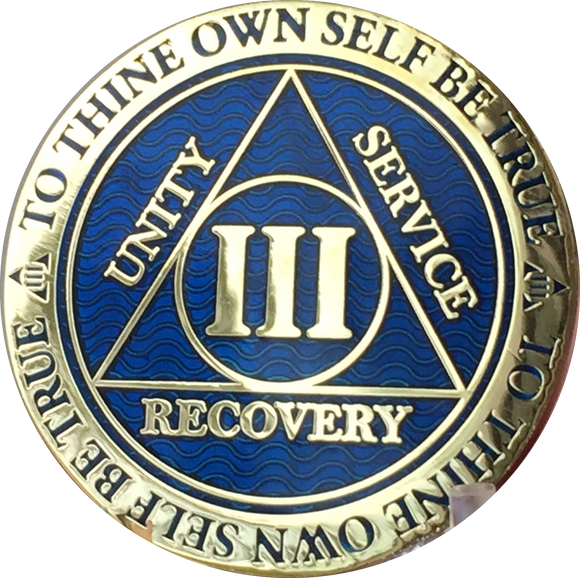 3 Year AA Medallion Reflex Blue Gold Plated Alcoholics Anonymous RecoveryChip Design - RecoveryChip