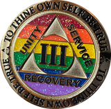 1 2 3 4 5 6 7 8 9 10 11 12 13 14 or 15 Year AA Medallion Reflex Rainbow Glitter Sobriety Chip