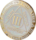 1 2 3 4 5 6 7 8 9 10 11 12 13 14 or 15 Year AA Medallion Reflex White Glitter Gold Plated Sobriety Chip