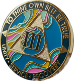 3 Year AA Medallion Elegant Tahiti Teal Blue and Pink Marble Gold Sobriety Chip