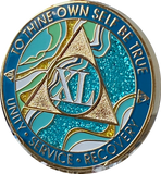 40 Year AA Medallion Elegant Caribbean Aqua Glitter Teal Marble Gold Sobriety Chip