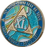 40 Year AA Medallion Elegant Caribbean Aqua Glitter Teal Marble Gold Sobriety Chip