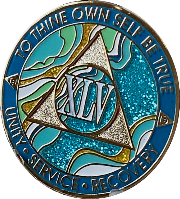 45 Year AA Medallion Elegant Caribbean Aqua Glitter Teal Marble Gold Sobriety Chip