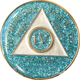 AA Medallion Aqua Blue Glitter Tri-Plate Sobriety Chip Year 1 - 45 - RecoveryChip