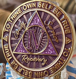 4 Year AA Medallion Cosmic Purple Glitter Gold Plated Sobriety Chip