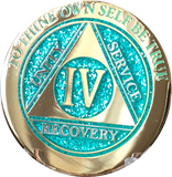 1 - 10 Year AA Medallion Elegant Glitter Aqua Turquoise Gold & Silver Plated Sobriety Chip - RecoveryChip