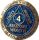 1 - 11 or 18 Month AA Medallion Reflex Blue Glitter Gold Plated Sobriety Chip - RecoveryChip