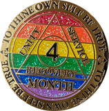 1 2 3 4 5 6 7 8 9 10 11 or 18 Month AA Medallion Reflex Rainbow Glitter Sobriety Chip