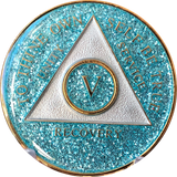 AA Medallion Aqua Blue Glitter Tri-Plate Sobriety Chip Year 1 - 45 - RecoveryChip