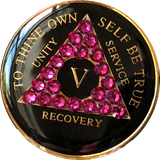 Pink Fuschia Swarovski Crystal AA Medallion Black Tri-Plate Sobriety Chip Year 1 - 50 - RecoveryChip