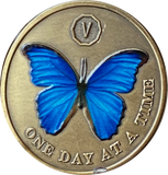 1 2 3 4 5 6 7 8 9 or 10 Year Blue Butterfly One Day At A Time Serenity Prayer Medallion Coin