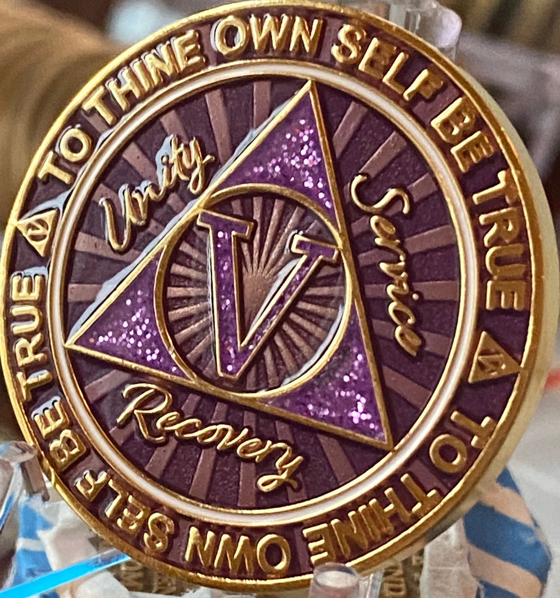 5 Year AA Medallion Cosmic Purple Glitter Gold Plated Sobriety