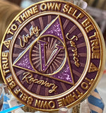 5 Year AA Medallion Cosmic Purple Glitter Gold Plated Sobriety Chip