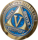 1 2 3 4 or 5 Year AA Medallion Elegant Blue Glitter Gold Sobriety Chip
