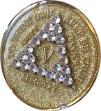 1 - 40 Year Gold Glitter AA Medallion Clear Diamond Like Swarovski Crystal Sobriety Chip