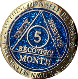 1 - 11 or 18 Month AA Medallion Reflex Blue Glitter Gold Plated Sobriety Chip - RecoveryChip