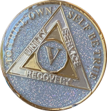 1 2 3 4 5 6 7 8 9 or 10 Year AA Medallion Opal Silver Glitter Tri-Plate Sobriety Chip