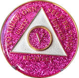 AA Medallion Pink Glitter Tri-Plate Sobriety Chip Year 1 - 45 - RecoveryChip