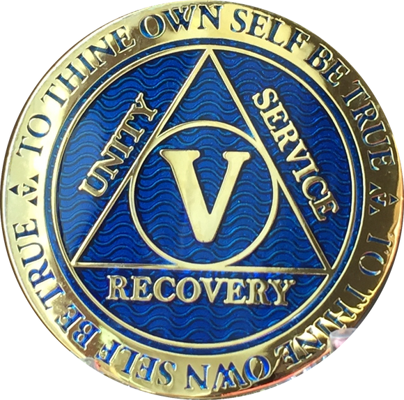 5 Year AA Medallion Reflex Blue Gold Plated Alcoholics Anonymous RecoveryChip Design - RecoveryChip