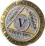 1 2 3 4 5 6 7 8 9 10 11 12 13 14 or 15 Year AA Medallion Reflex Birthday Funfetti Glitter Silver Gold Plated Sobriety Chip