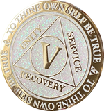 1 2 3 4 5 6 7 8 9 10 11 12 13 14 or 15 Year AA Medallion Reflex White Glitter Gold Plated Sobriety Chip