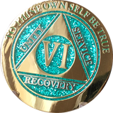 1 - 10 Year AA Medallion Elegant Glitter Aqua Turquoise Gold & Silver Plated Sobriety Chip - RecoveryChip
