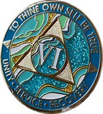 6 Year AA Medallion Elegant Caribbean Aqua Glitter Teal Marble Gold Sobriety Chip