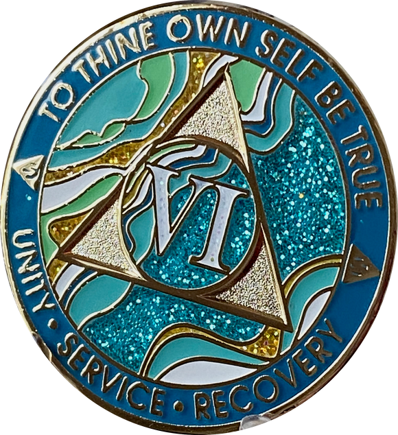 6 Year AA Medallion Elegant Caribbean Aqua Glitter Teal Marble Gold Sobriety Chip