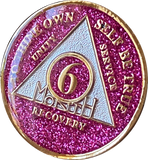 6 Month AA Medallion Hot Pink Glitter Gold Tri-Plate Sobriety Chip