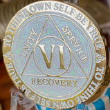 1 2 3 4 5 6 7 8 9 10 11 12 13 14 or 15 Year AA Medallion Reflex White Glitter Gold Plated Sobriety Chip