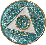 AA Medallion Aqua Blue Glitter Tri-Plate Sobriety Chip Year 1 - 45 - RecoveryChip