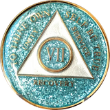 AA Medallion Aqua Blue Glitter Tri-Plate Sobriety Chip Year 1 - 45 - RecoveryChip