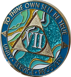 7 Year AA Medallion Elegant Caribbean Aqua Glitter Teal Marble Gold Sobriety Chip