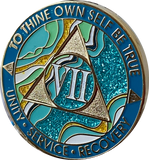 7 Year AA Medallion Elegant Caribbean Aqua Glitter Teal Marble Gold Sobriety Chip