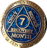 1 - 11 or 18 Month AA Medallion Reflex Blue Glitter Gold Plated Sobriety Chip - RecoveryChip