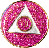 AA Medallion Pink Glitter Tri-Plate Sobriety Chip Year 1 - 45 - RecoveryChip