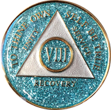 AA Medallion Aqua Blue Glitter Tri-Plate Sobriety Chip Year 1 - 45 - RecoveryChip