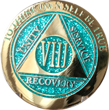 1 - 10 Year AA Medallion Elegant Glitter Aqua Turquoise Gold & Silver Plated Sobriety Chip - RecoveryChip