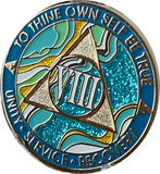 8 Year AA Medallion Elegant Caribbean Aqua Glitter Teal Marble Gold Sobriety Chip