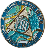 8 Year AA Medallion Elegant Caribbean Aqua Glitter Teal Marble Gold Sobriety Chip