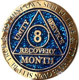 1 - 11 or 18 Month AA Medallion Reflex Blue Glitter Gold Plated Sobriety Chip - RecoveryChip