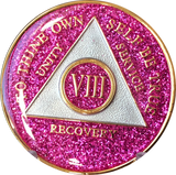 AA Medallion Pink Glitter Tri-Plate Sobriety Chip Year 1 - 45 - RecoveryChip