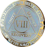 1 2 3 4 5 6 7 8 9 10 11 12 13 14 or 15 Year AA Medallion Reflex White Glitter Gold Plated Sobriety Chip